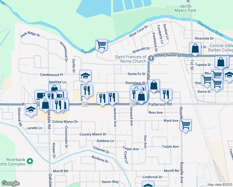 map of restaurants, bars, coffee shops, grocery stores, and more near 6448 Jackson Avenue in Riverbank