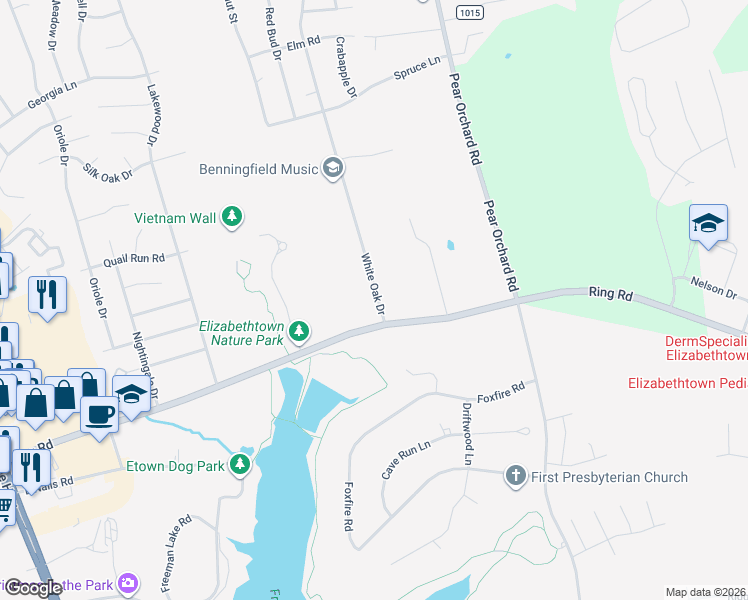 map of restaurants, bars, coffee shops, grocery stores, and more near 101-199 White Oak Drive in Elizabethtown