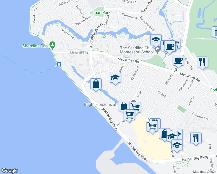 map of restaurants, bars, coffee shops, grocery stores, and more near 1 Cotella Court in Alameda