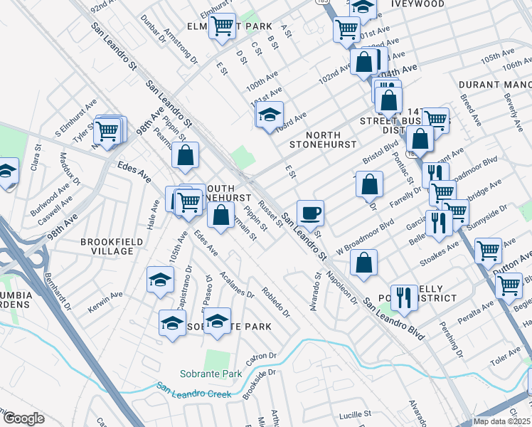 map of restaurants, bars, coffee shops, grocery stores, and more near 10713 Russet Street in Oakland