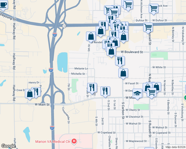 map of restaurants, bars, coffee shops, grocery stores, and more near 302 North 4th Street in Marion