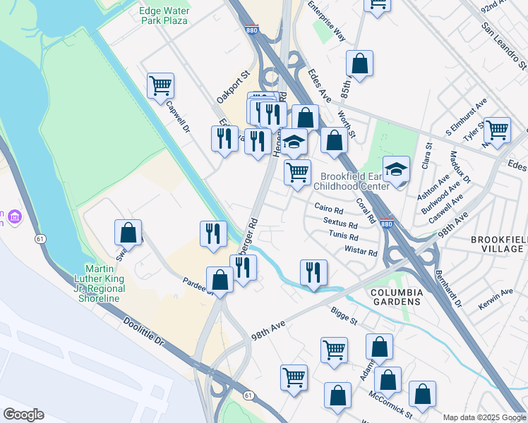 map of restaurants, bars, coffee shops, grocery stores, and more near 296 Hegenberger Road in Oakland