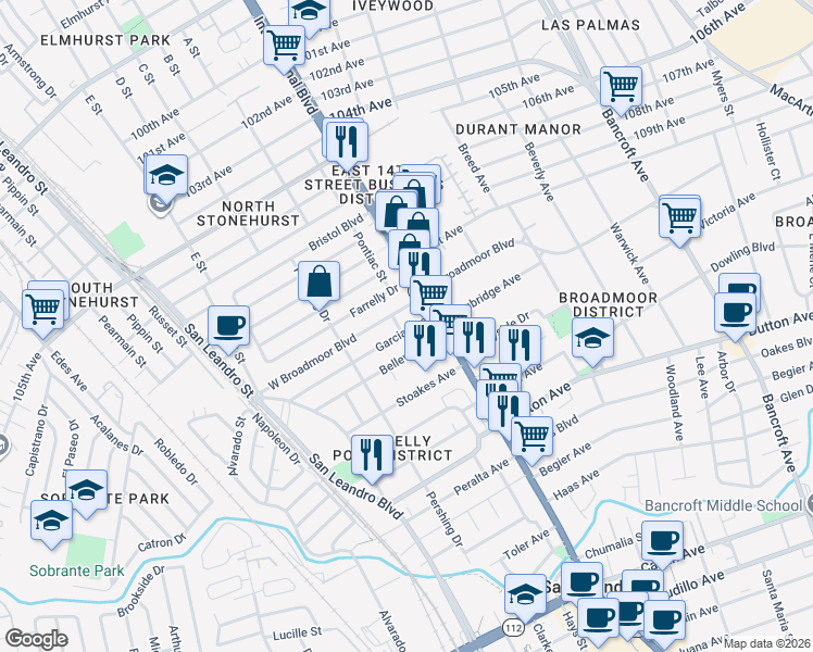 map of restaurants, bars, coffee shops, grocery stores, and more near 220 Lafayette Avenue in San Leandro