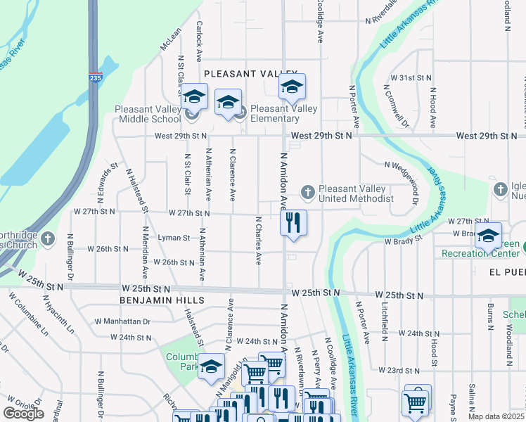 map of restaurants, bars, coffee shops, grocery stores, and more near 2813 North Charles Avenue in Wichita