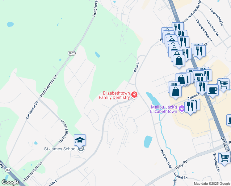 map of restaurants, bars, coffee shops, grocery stores, and more near 107 Arlingwood Court in Elizabethtown