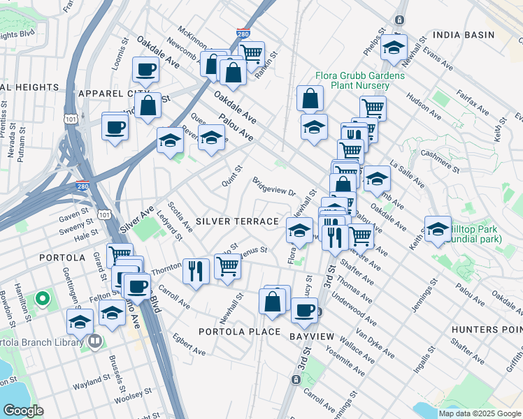 map of restaurants, bars, coffee shops, grocery stores, and more near 342 Bayview Circle in San Francisco