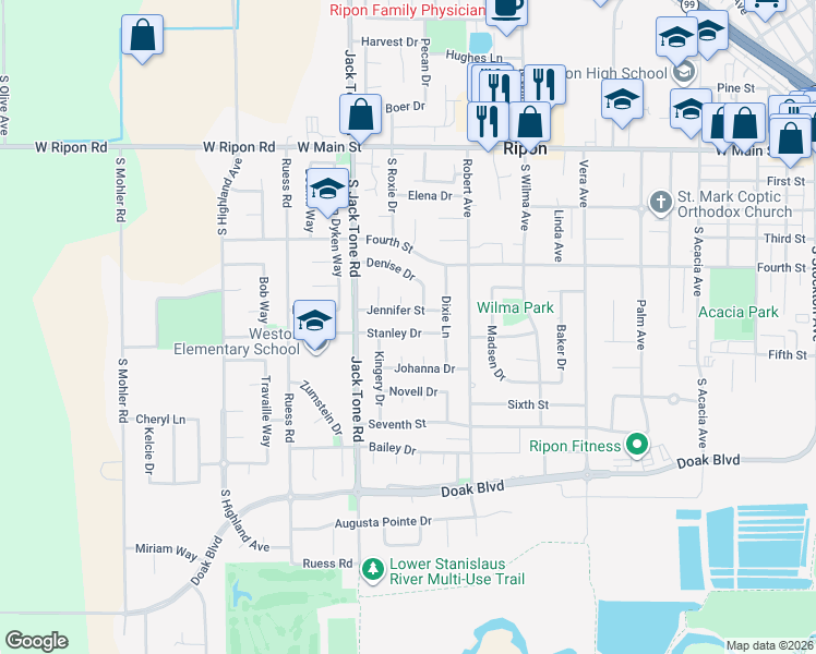 map of restaurants, bars, coffee shops, grocery stores, and more near 1425 Stanley Drive in Ripon