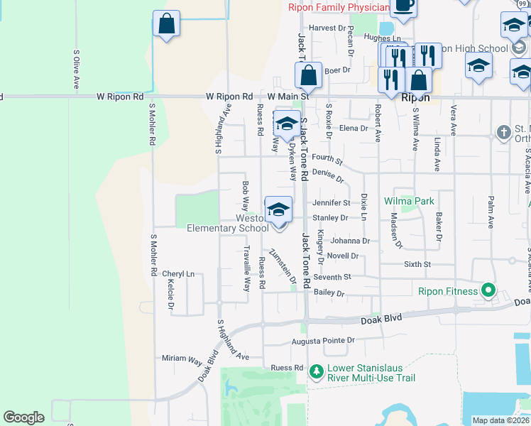 map of restaurants, bars, coffee shops, grocery stores, and more near 1695 Stanley Drive in Ripon
