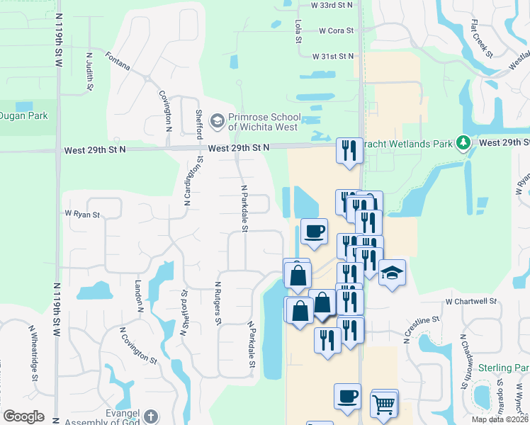map of restaurants, bars, coffee shops, grocery stores, and more near 10914 Bristlecone Street in Wichita