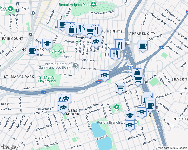 map of restaurants, bars, coffee shops, grocery stores, and more near 4243 Folsom Street in San Francisco