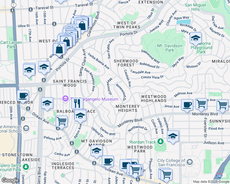 map of restaurants, bars, coffee shops, grocery stores, and more near 36 Fernwood Drive in San Francisco