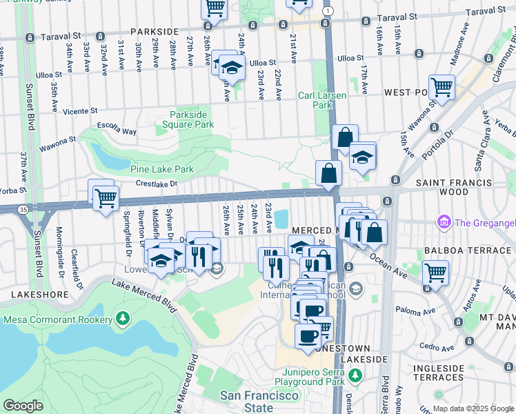 map of restaurants, bars, coffee shops, grocery stores, and more near 2920 24th Avenue in San Francisco