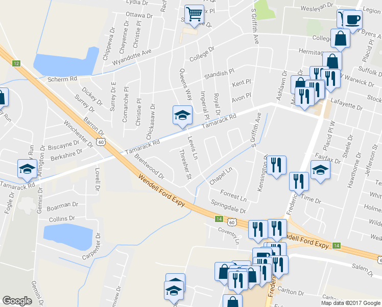map of restaurants, bars, coffee shops, grocery stores, and more near 3846 Lewis Lane in Owensboro