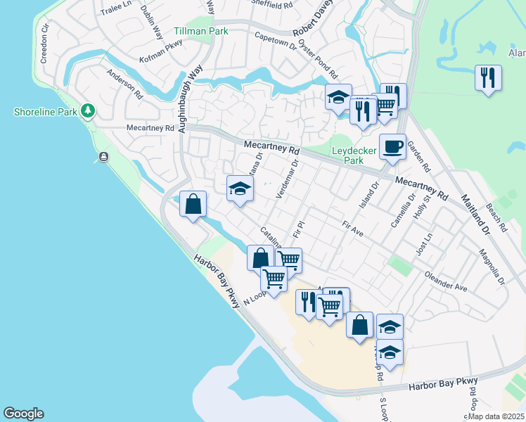 map of restaurants, bars, coffee shops, grocery stores, and more near 3039 Linda Vista in Alameda