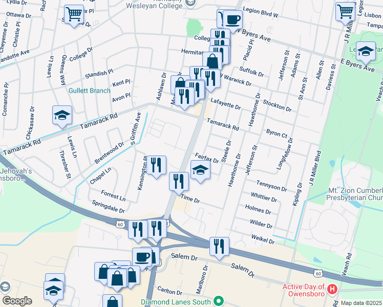 map of restaurants, bars, coffee shops, grocery stores, and more near 898 Fairfax Drive in Owensboro