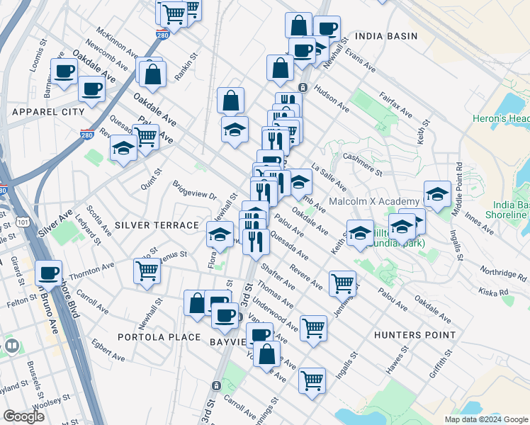 map of restaurants, bars, coffee shops, grocery stores, and more near 4904 3rd Street in San Francisco