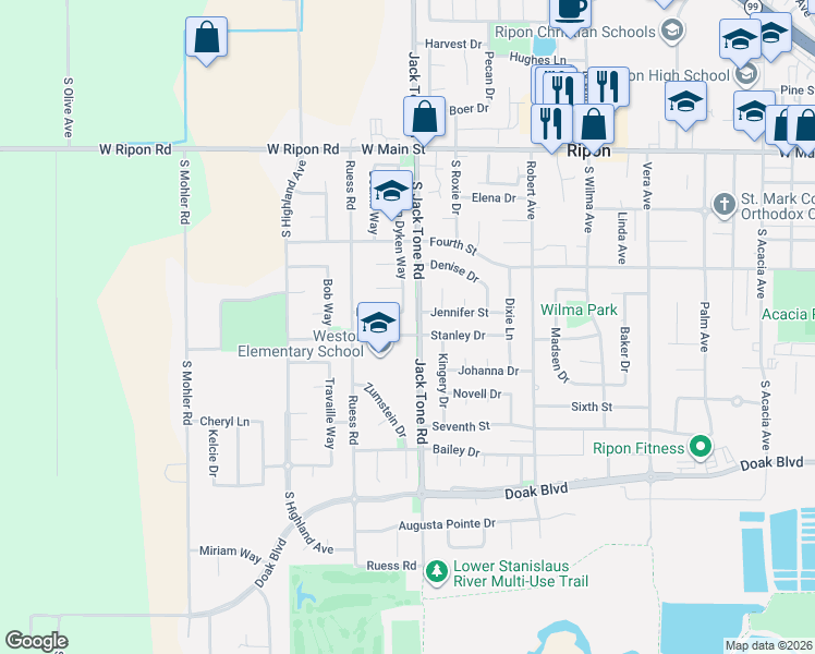 map of restaurants, bars, coffee shops, grocery stores, and more near 1625 Stanley Drive in Ripon