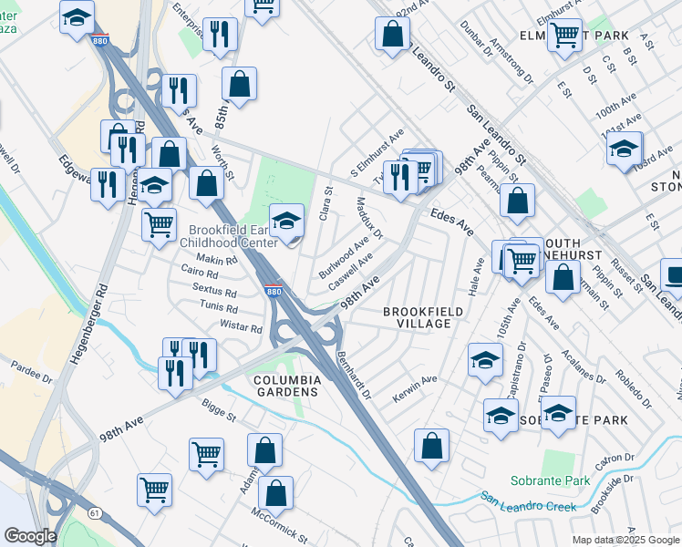 map of restaurants, bars, coffee shops, grocery stores, and more near 361 Caswell Avenue in Oakland