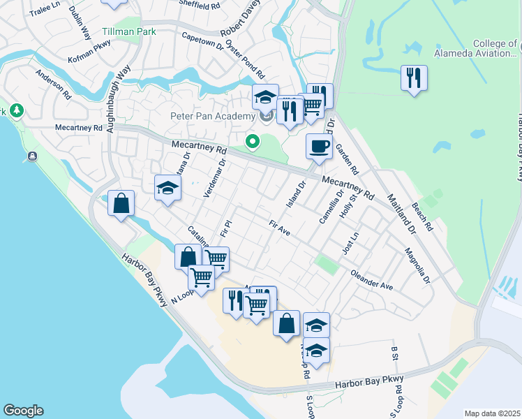 map of restaurants, bars, coffee shops, grocery stores, and more near 3203 Wake Lane in Alameda
