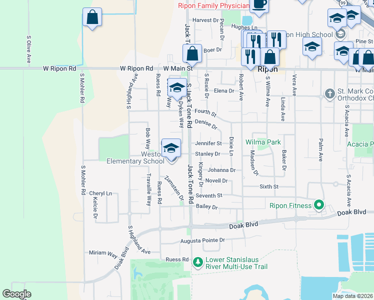 map of restaurants, bars, coffee shops, grocery stores, and more near 1625 Stanley Drive in Ripon