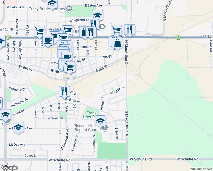 map of restaurants, bars, coffee shops, grocery stores, and more near 420 Gonzalez Street in Tracy