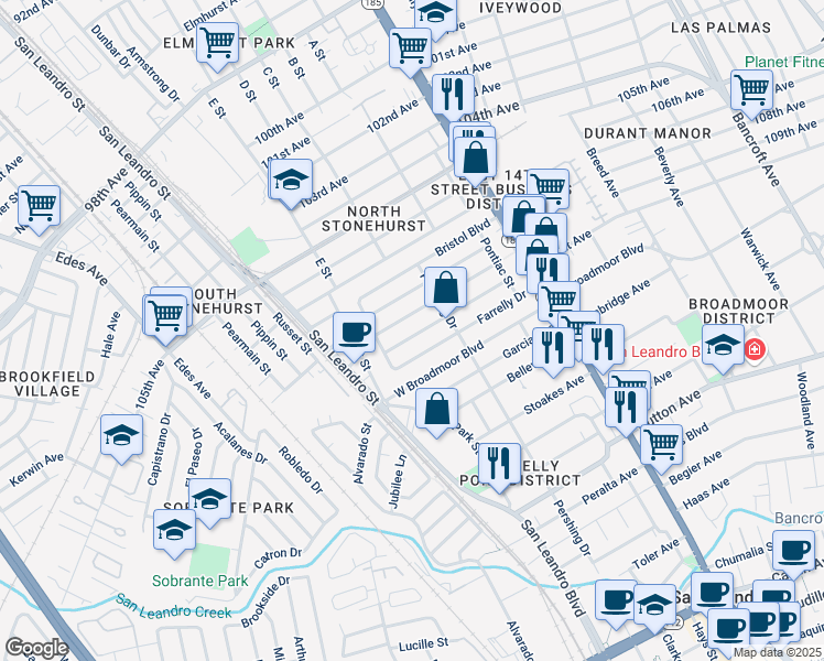 map of restaurants, bars, coffee shops, grocery stores, and more near 348 Lexington Avenue in San Leandro