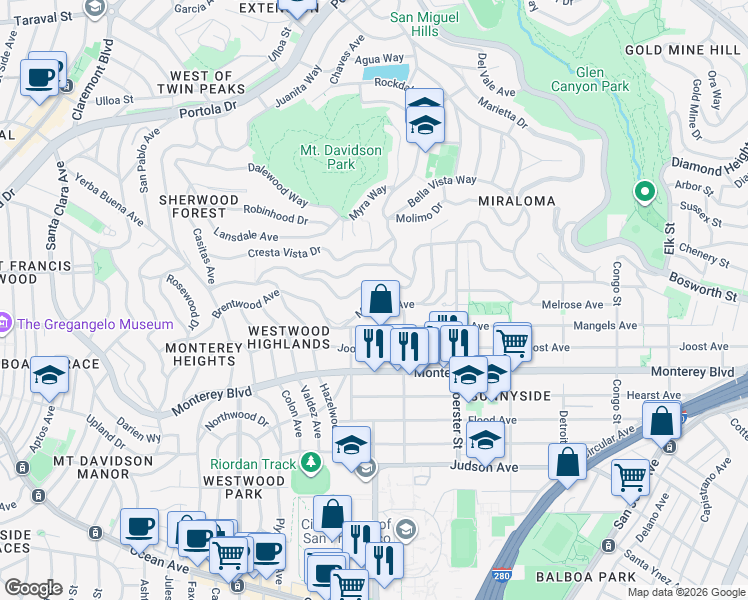 map of restaurants, bars, coffee shops, grocery stores, and more near 480 Melrose Avenue in San Francisco
