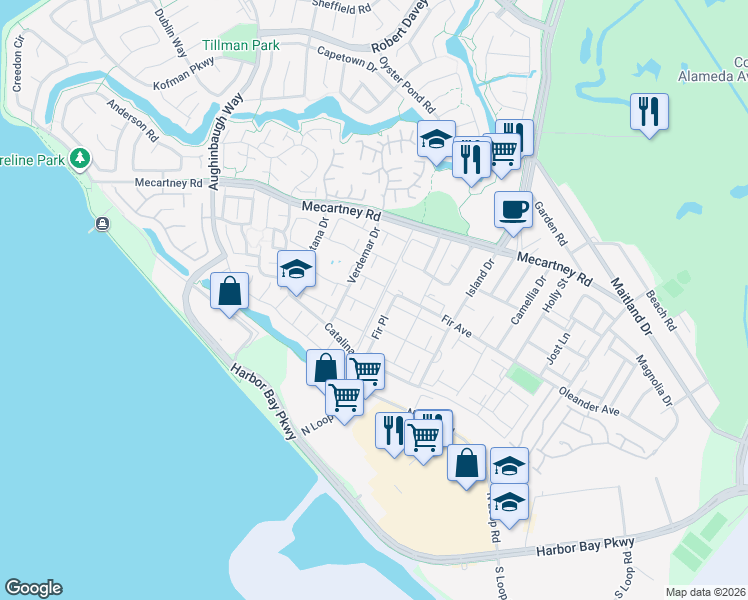 map of restaurants, bars, coffee shops, grocery stores, and more near 1117 Camino Del Valle in Alameda
