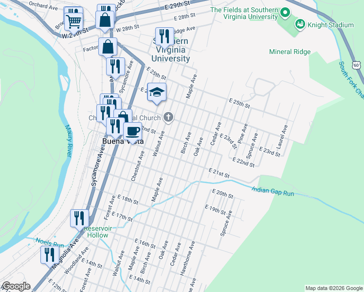 map of restaurants, bars, coffee shops, grocery stores, and more near 2165 Birch Avenue in Buena Vista