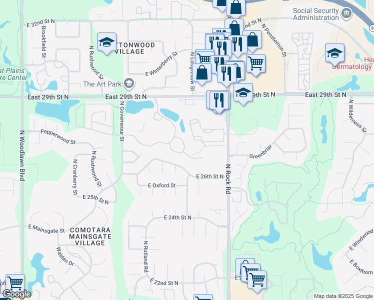 map of restaurants, bars, coffee shops, grocery stores, and more near 7373 East 29th Street North in Wichita