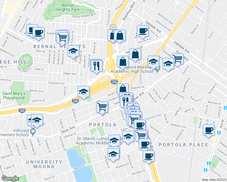map of restaurants, bars, coffee shops, grocery stores, and more near 711 Barneveld Avenue in San Francisco