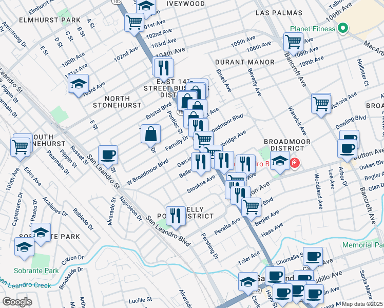 map of restaurants, bars, coffee shops, grocery stores, and more near 182 Garcia Avenue in San Leandro