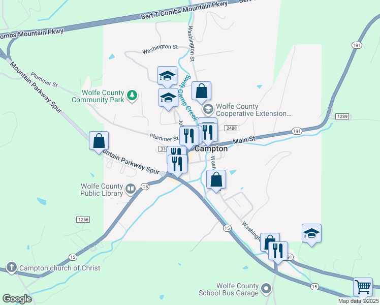 map of restaurants, bars, coffee shops, grocery stores, and more near 148 Main Street in Campton
