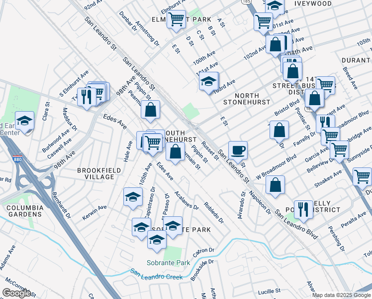 map of restaurants, bars, coffee shops, grocery stores, and more near 10606 Pearmain Street in Oakland