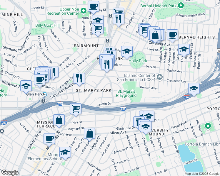 map of restaurants, bars, coffee shops, grocery stores, and more near 326 College Avenue in San Francisco