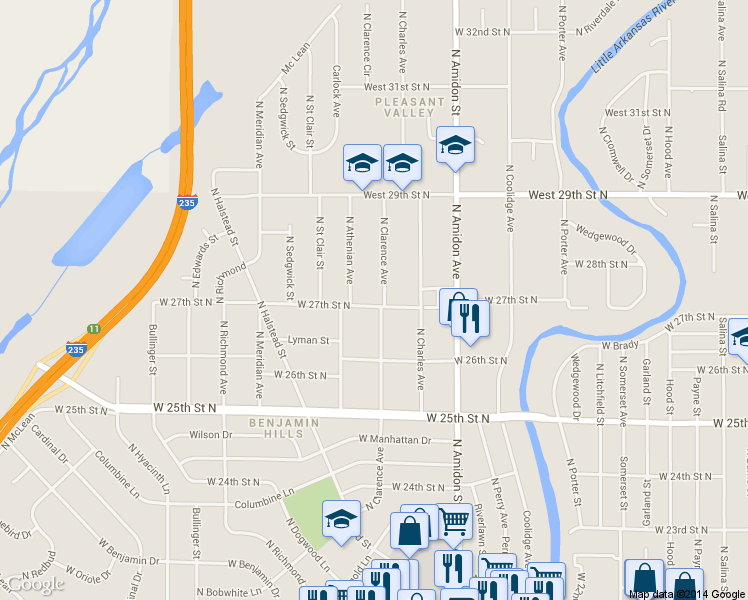 map of restaurants, bars, coffee shops, grocery stores, and more near 2801 N Clarence Ave in Wichita