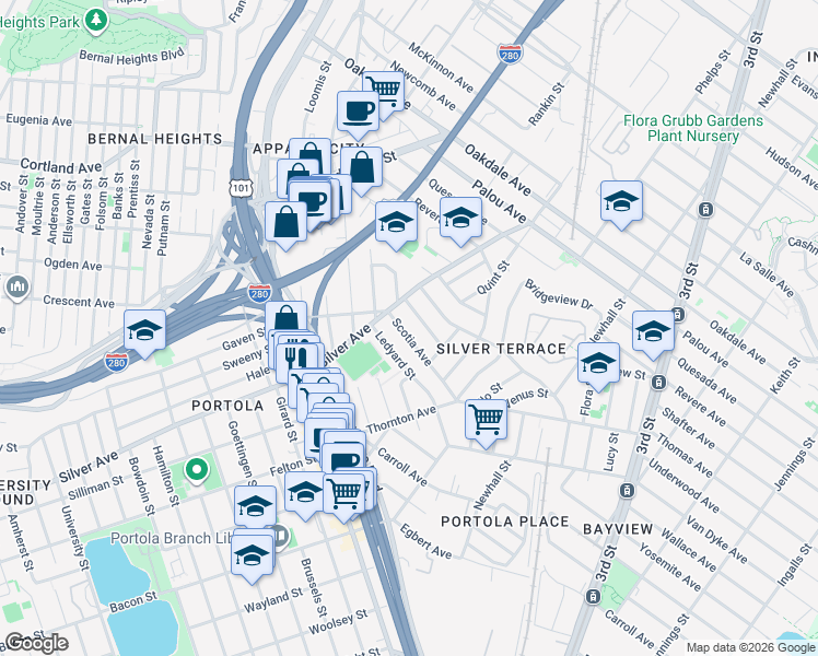 map of restaurants, bars, coffee shops, grocery stores, and more near 37 Scotia Avenue in San Francisco
