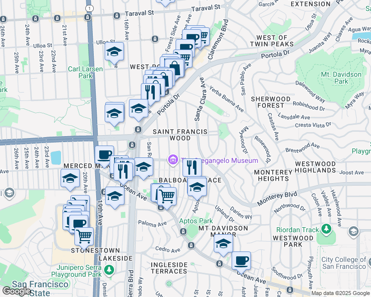 map of restaurants, bars, coffee shops, grocery stores, and more near 150 San Benito Way in San Francisco