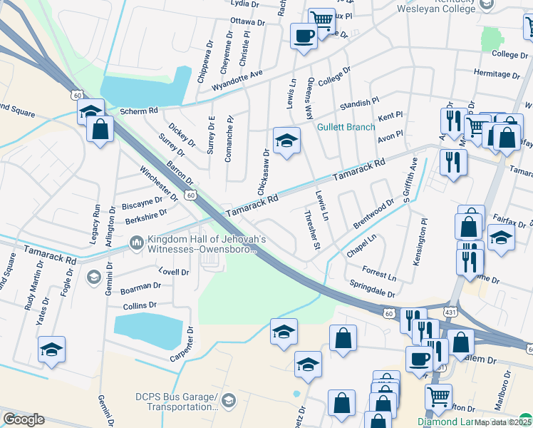 map of restaurants, bars, coffee shops, grocery stores, and more near 3825 Greenfield Lane in Owensboro