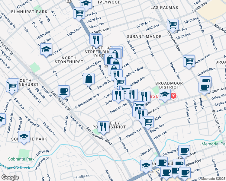 map of restaurants, bars, coffee shops, grocery stores, and more near 182 Garcia Avenue in San Leandro