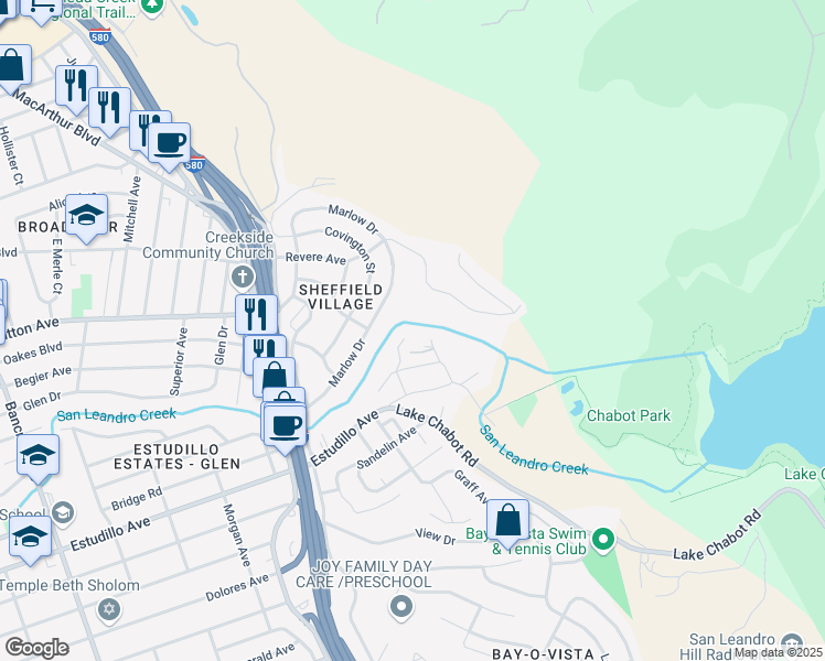 map of restaurants, bars, coffee shops, grocery stores, and more near 1111 Brookvale Drive in San Leandro
