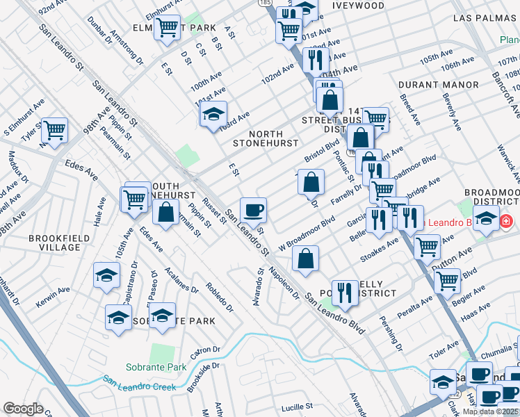 map of restaurants, bars, coffee shops, grocery stores, and more near 79 Dorchester Avenue in San Leandro