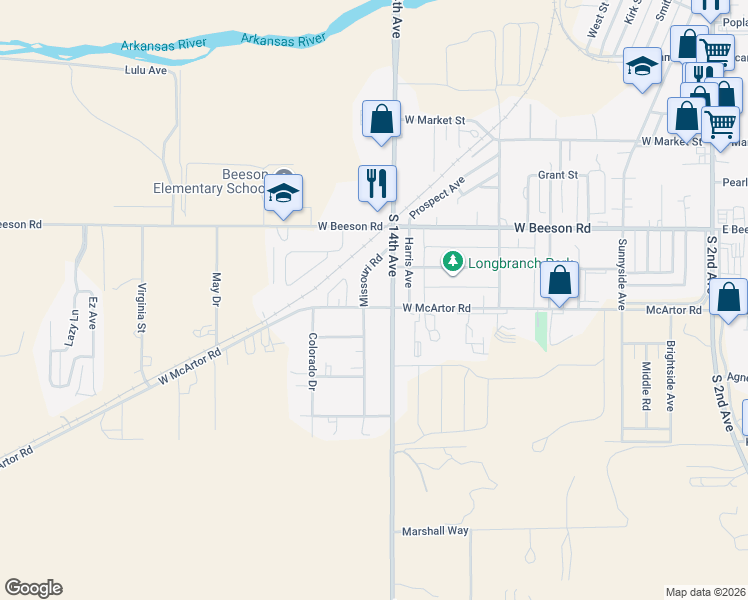 map of restaurants, bars, coffee shops, grocery stores, and more near 1107 South 14th Avenue in Dodge City