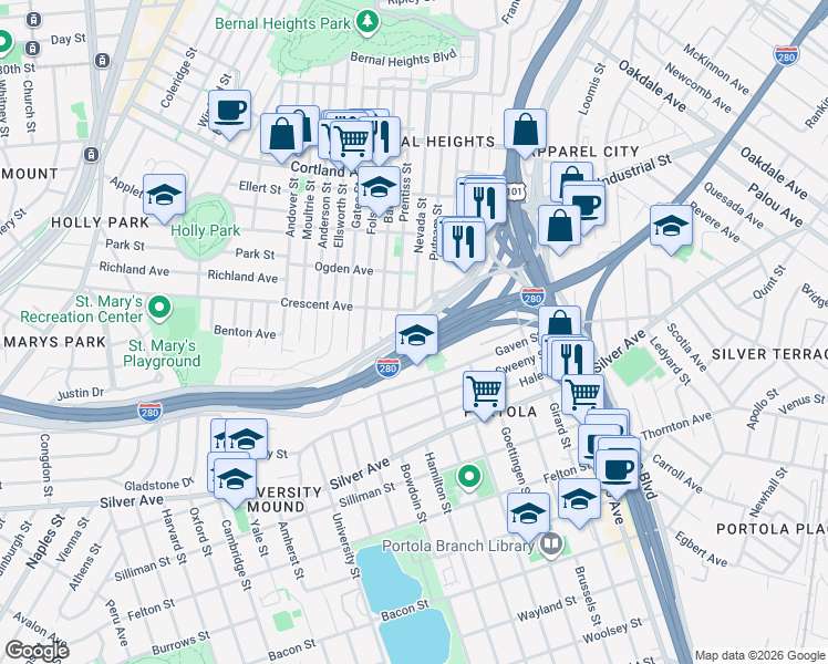 map of restaurants, bars, coffee shops, grocery stores, and more near 316 Alemany Boulevard in San Francisco
