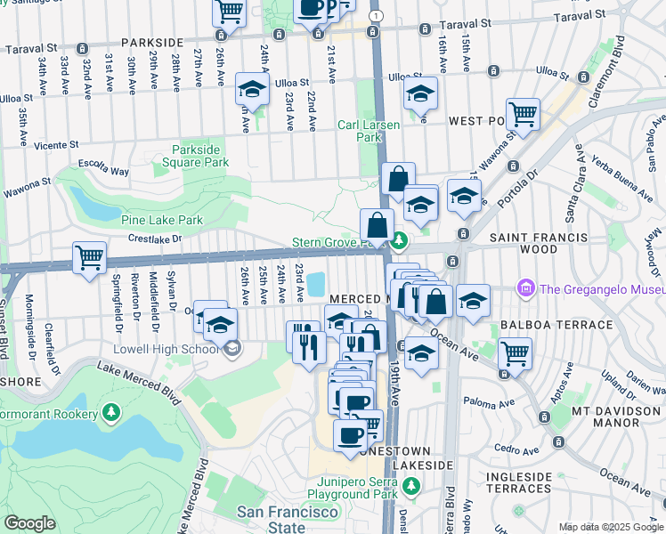 map of restaurants, bars, coffee shops, grocery stores, and more near 2926 22nd Avenue in San Francisco