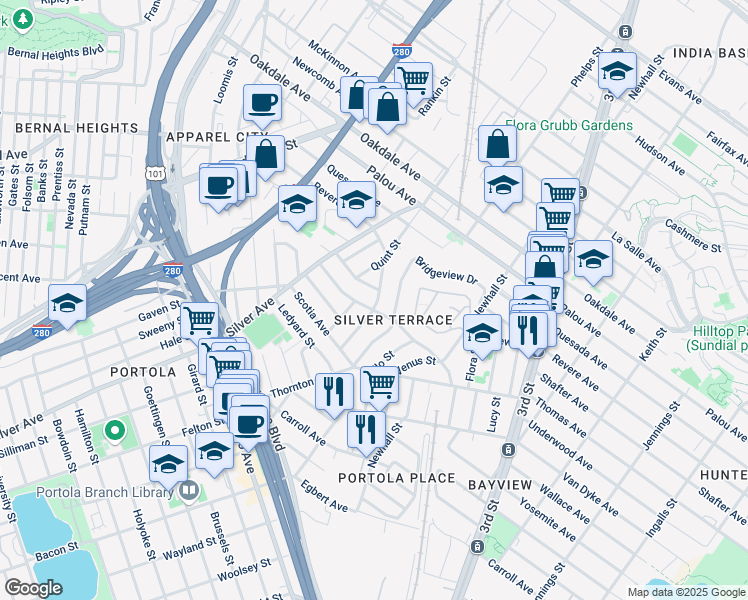 map of restaurants, bars, coffee shops, grocery stores, and more near 80 Maddux Avenue in San Francisco