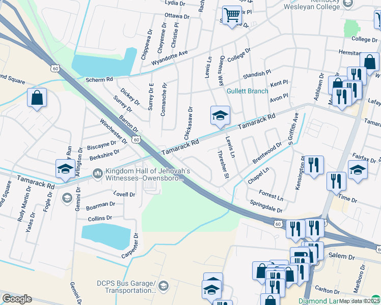 map of restaurants, bars, coffee shops, grocery stores, and more near 3825 Greenfield Lane in Owensboro