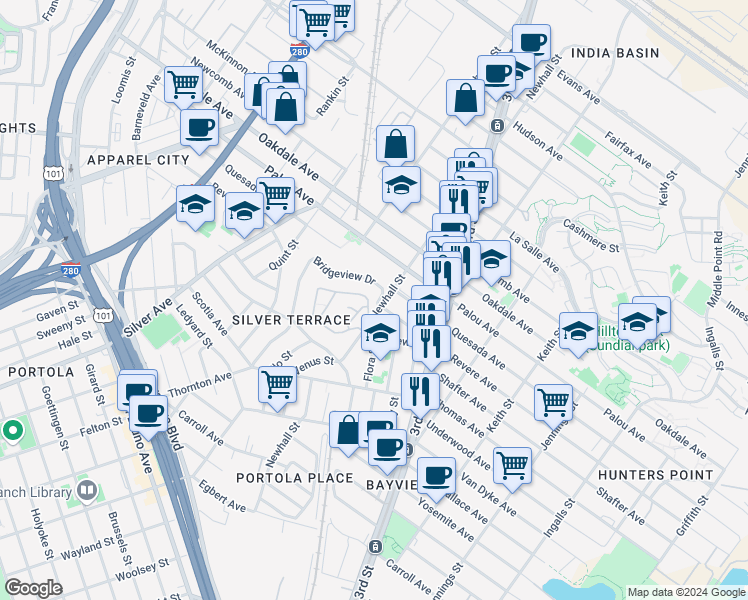 map of restaurants, bars, coffee shops, grocery stores, and more near 7 Bridgeview Drive in San Francisco