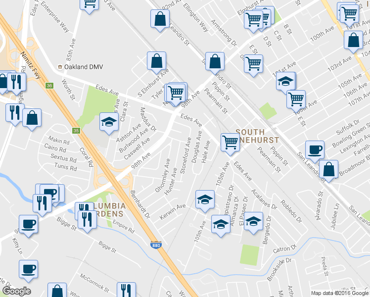 map of restaurants, bars, coffee shops, grocery stores, and more near 443 Stoneford Avenue in Oakland