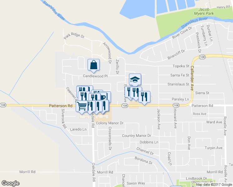 map of restaurants, bars, coffee shops, grocery stores, and more near 2306 Rio Verde Drive in Riverbank